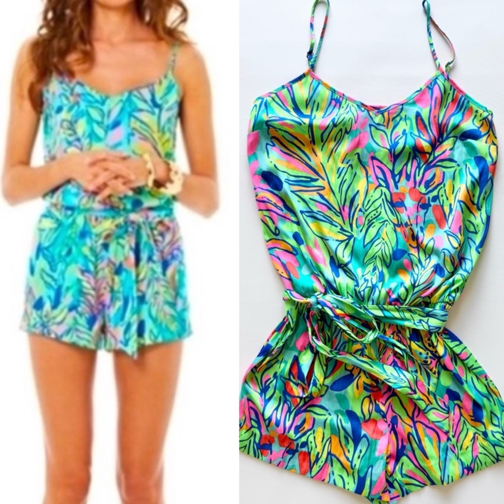 Lilly Pulitzer Deana Neon Bright Colorful Floral Clinched Waist Romper Size XS